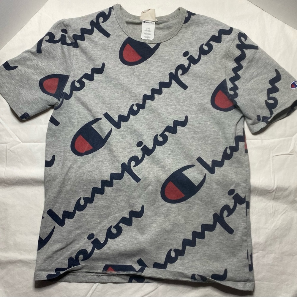 Champion Heritage All Over Logo Print Athletic Grey T Shirt Mens